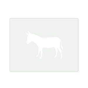 May include: A rectangular stencil featuring a white silhouette of a donkey standing in profile, facing left. The design is centered on a light gray background, showcasing the clear outline of the animal with its ears, mane, and tail visible.