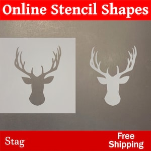 May include: Two white stag head stencils on a gray background. The stencils are for crafting and decorating. The text "Stag" and "Free Shipping" is at the bottom of the image.