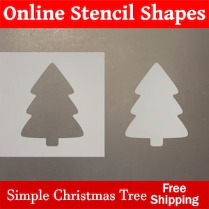 May include: White stencil of a simple Christmas tree shape next to the negative space of the same stencil. The text "Online Stencil Shapes" is at the top, and "Simple Christmas Tree" is at the bottom.