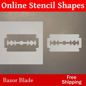 May include: A white stencil of a razor blade, with the words "Razor Blade" printed below. The stencil is on a gray background, with the words "Online Stencil Shapes" printed in red at the top and "Free Shipping" printed in red at the bottom.