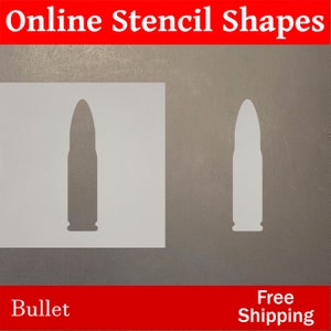 May include: A white stencil of a bullet shape on a gray background. The stencil is for crafting and decorating projects. The text "Bullet" is below the stencil and the text "Free Shipping" is below the stencil on the right side of the image.