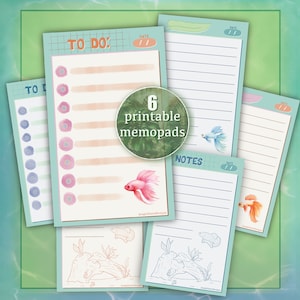 May include: Six printable memo pads with a tropical theme. Each memo pad features a different design with a fish, a plant, and a date section. The text "6 printable memopads" is written in a circle on a green background.