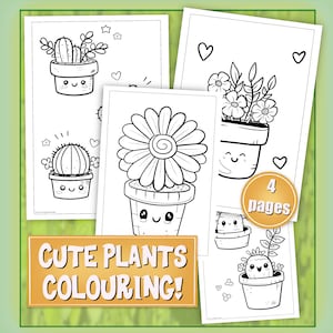 Cute Plants Colouring Pages, 4 Kawaii Printable Colouring Sheets, Digital Download A4 Houseplant Colouring Printable, Adult & Kids Colouring