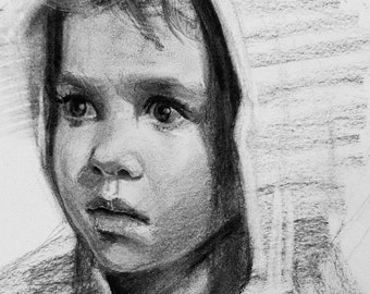 Portrait au fusain, dessin d'enfant sur papier.