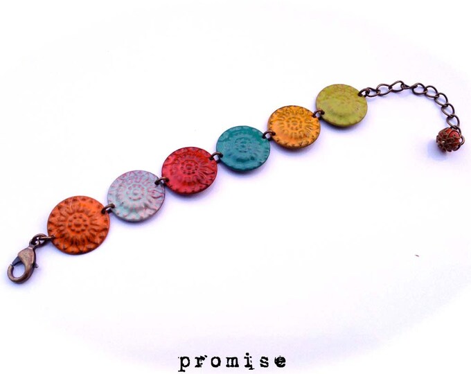 Artisan Made Colorful Enameled Embossed Adjustable Bracelet. Enamel