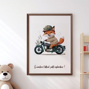 Regalo habitación bebé, cartel infantil personalizado. Póster zorro en su motocicleta.