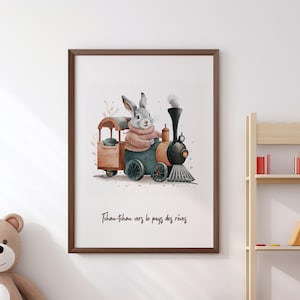 Póster Conejo en su locomotora, póster infantil en acuarela. Marco de animales bebé.