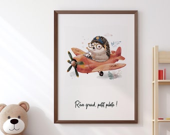 Baby room painting, aviator hedgehog. Vintage child poster, personalized birth gift.