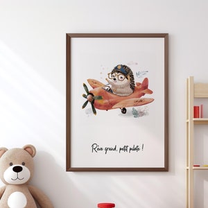 Cuadro habitación bebé, erizo aviador. Póster infantil vintage, regalo de nacimiento personalizado.