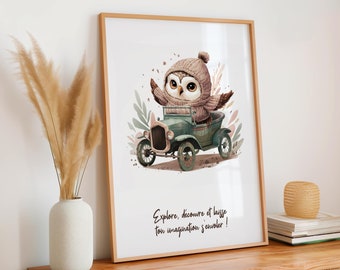 Personalized first name baby room gift. Colorful wall poster, baby animal frame