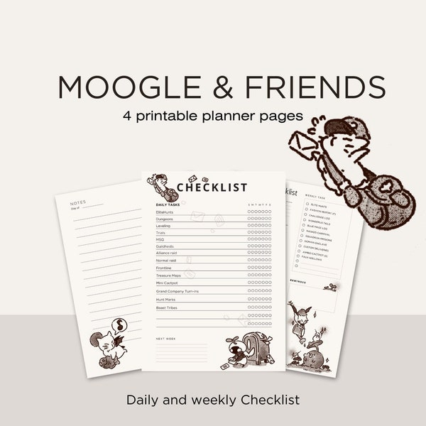 Moogle & Friends - 4 printable ffxiv planner pages for WoL daily and weekly checklist duty - Moogle fat cat Korpokkur