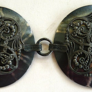 Antique Victorian frog fastener belt buckle silver round filigree floral paisley sash fastener sewing