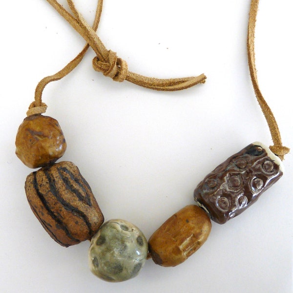 Ceramic Stoneware beads hand leather art necklace boho deCoux AZ studio findings rustic crafts