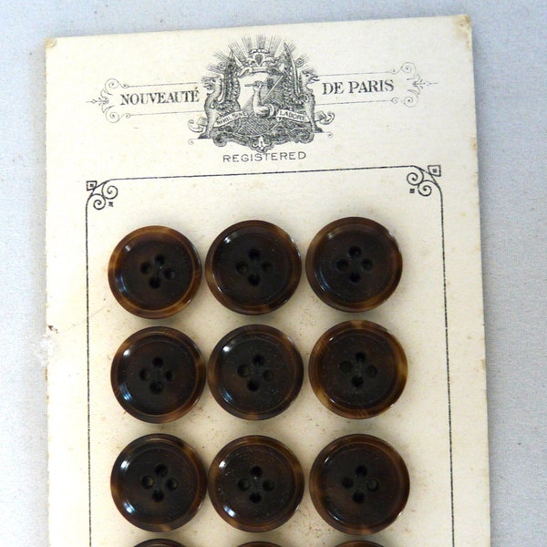 Nouveaute de Paris Antique advertising button card 12 tortois brown buttons 1/2" sewing