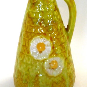 Vintage stoneware pottery cruet golden mustard yellow embossed basket daisies flower power