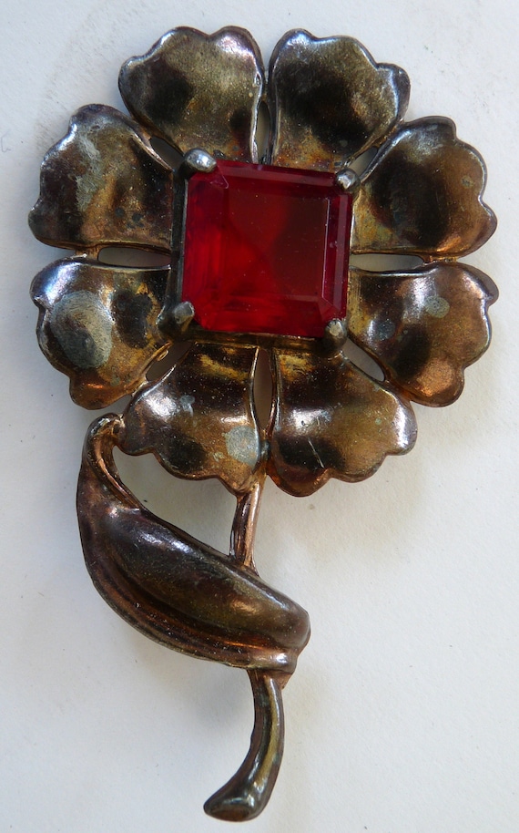 Vintage Art Deco large flower brooch pin red copp… - image 1