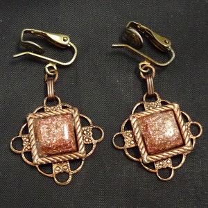 Vintage Copper Faux Goldstone Clip-on Earrings drop dangle filigree southwest cowgirl boho