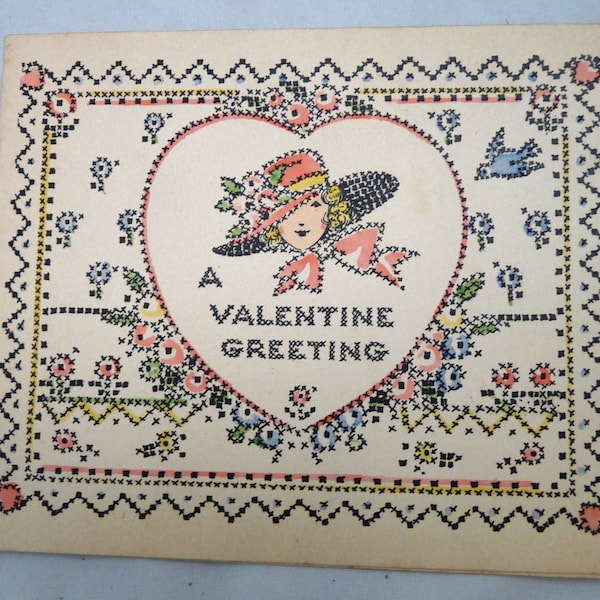 Vintage Valentine cross stitch sampler pop out 20s girl hat bird floral