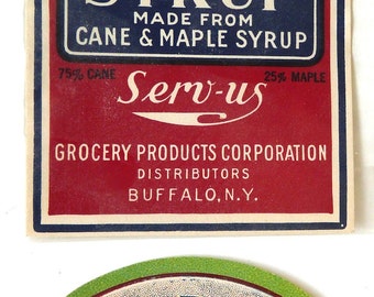 Two vintage maple syrup advertising labels Raynolds Poughkeepsie NY Serv Us Grocery Buffalo ephemera paper crafts kitchen country