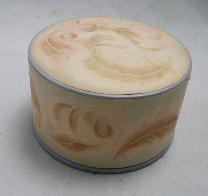 Peut inclure: Un poudrier rond vintage avec un design bleu clair et vert. Le poudrier est d&eacute;cor&eacute; d'un motif de plumes brunes et roses.