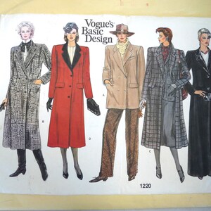 May include: A sewing pattern for five different coats, including a black and white plaid coat, a red coat, a tan coat, a gray and black plaid coat, and a black coat. The pattern is from Vogue's Basic Design and is numbered 1220.