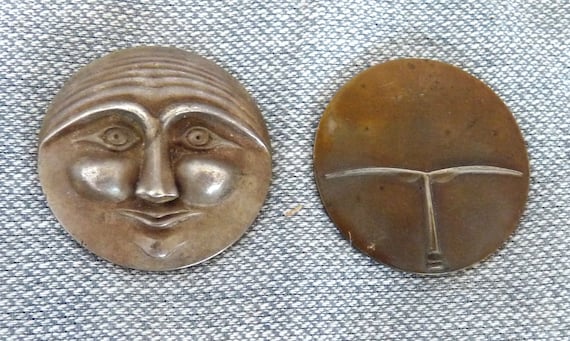 2 vintage primitive silver relief face findings j… - image 1