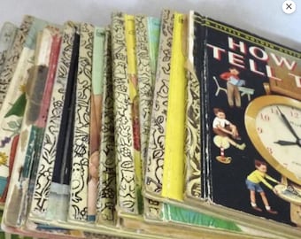 May include: A collection of vintage Little Golden Books with colorful covers. The book spines show a variety of patterns and colors, with one book titled "How to Tell Time" featuring illustrations of children and a clock.