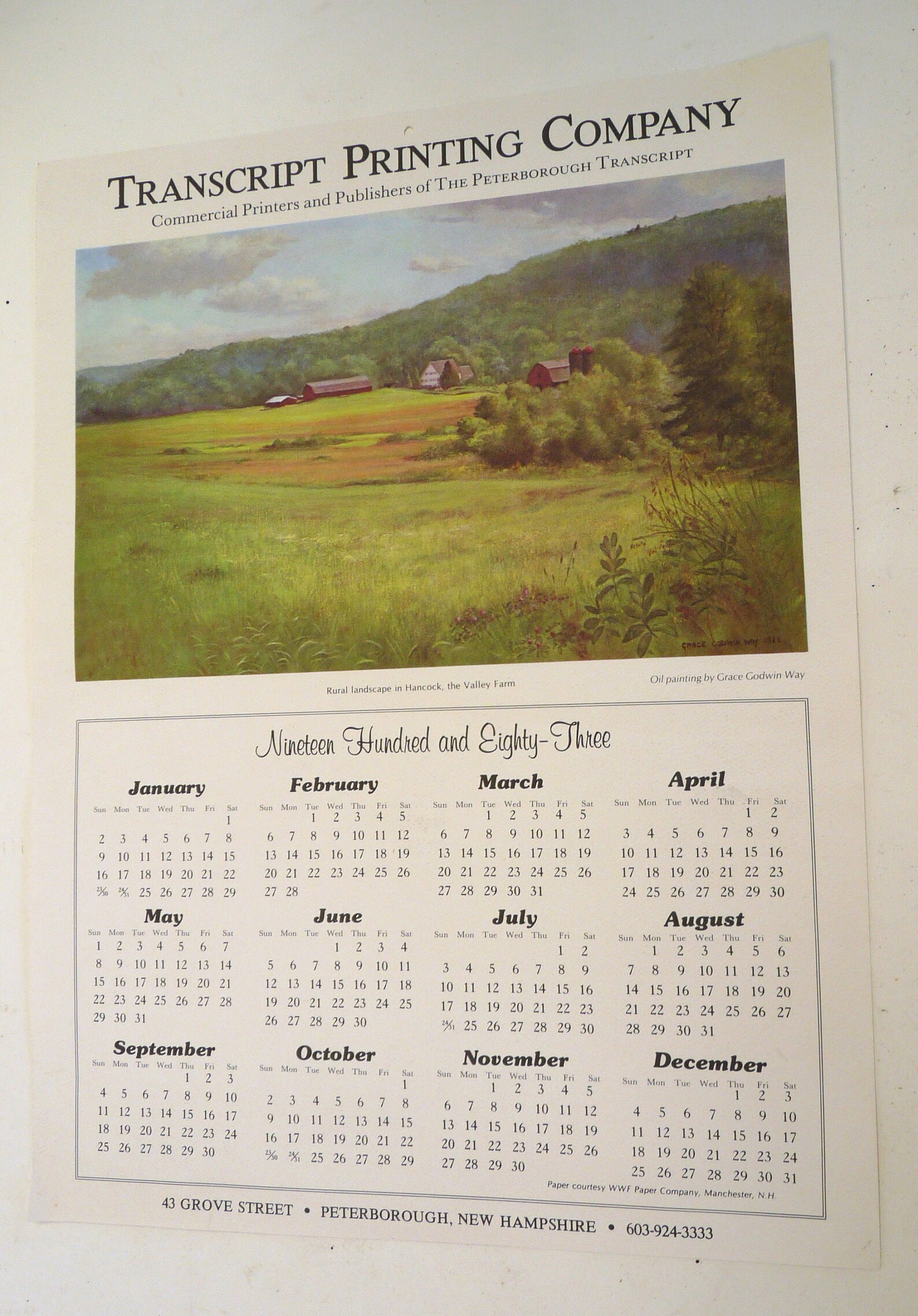 1983 Transcript Printing Keene NH Calendar Painting Peobody Etsy