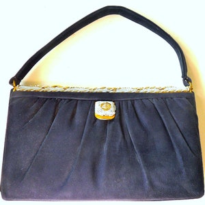 Vintage azul marino diseño diseño de ante marco de piel bolso de mano 50's gold tone beading cloisonne esmalte
