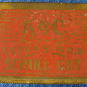 K & C tobacco tin stenciled antique advertising pocket vintage country store collectible