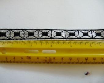Vintage black metallic silver sewing trim ribbon 1 yd 29" mid century geometric