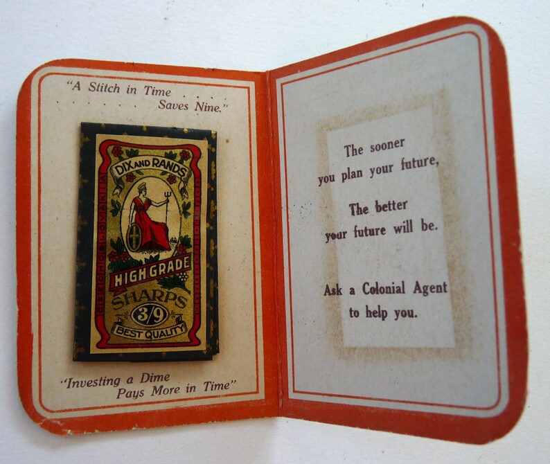 Colonial Life Insurance America vintage sewing needle book case fireplace ephemera