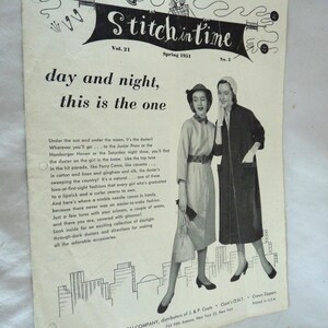 May include: A vintage magazine cover titled "Stitch in Time," Spring 1951 edition. The cover features illustrations of women in dresses and coats. Text includes "day and night, this is the one" and details about fashion and sewing.