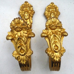 2 gilt brass French curtain tie backs floral Architectural image 1