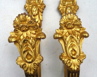 2 gilt brass French curtain tie backs floral Architectural