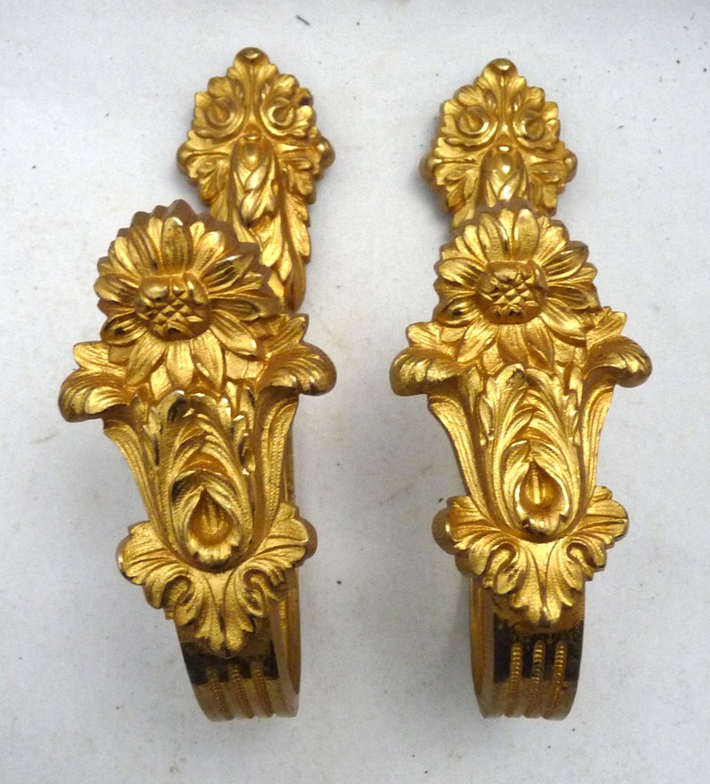 2 gilt brass French curtain tie backs floral Architectural image 1