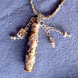 Bullet ammo catridge case pendant hematite necklace steampunk Victorian statement jewerly 30 06 military