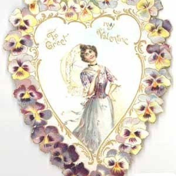 Valentine Victorian die cut Gibson Girl antique greeting pansies umbrella heart shaped