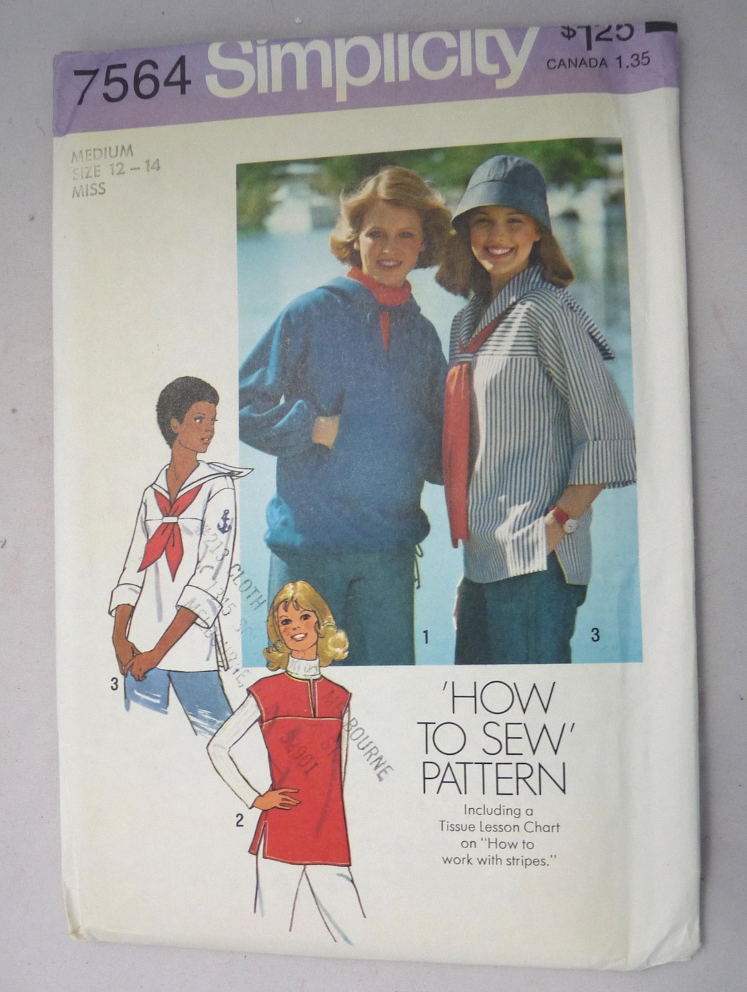 Simplicity 7564 Sewing Pattern 12 - 14 Med Nautical Tops Vintage 1976 ...