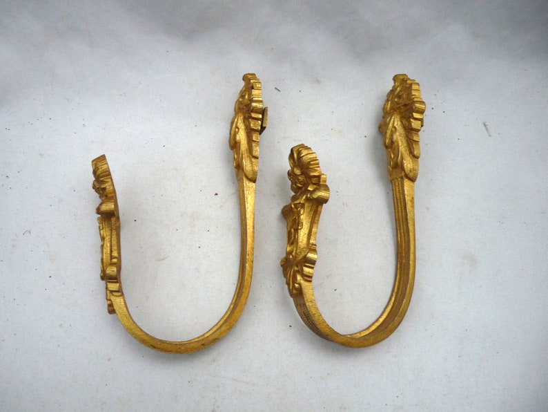 2 gilt brass French curtain tie backs floral Architectural image 2