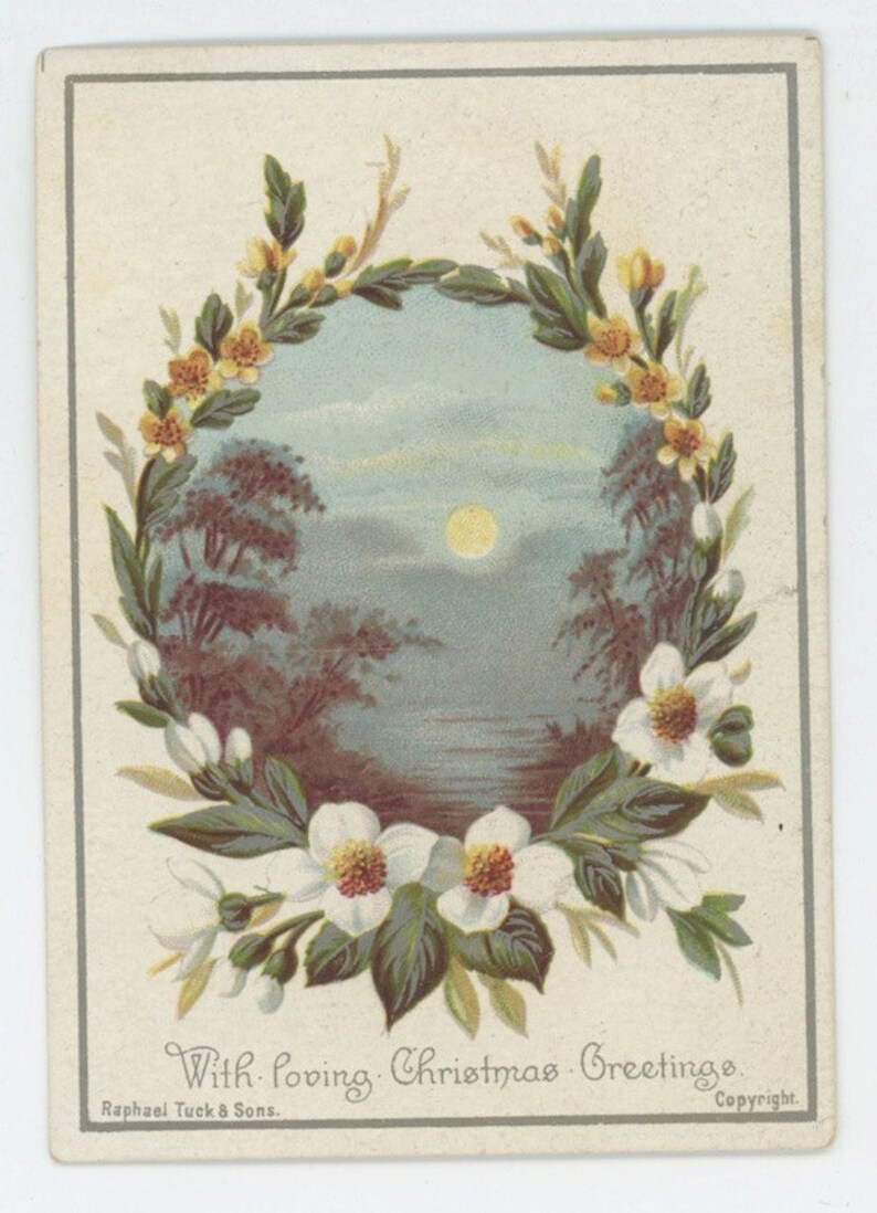 Christmas card Raphael Tuck Victorian vintage roses mon scene greeting antique roses moon scene image 1