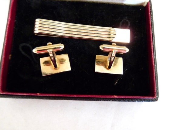 Vintage Cavalier tie clip cuff link set case mid … - image 3