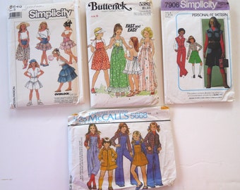 4 sewing patterns girls size 8 vintage overalls shirt sundress tiered skirt pantsuit