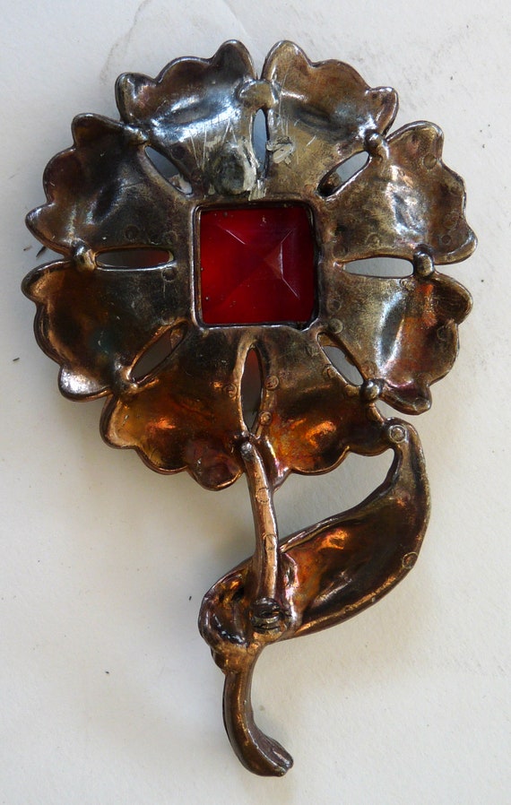 Vintage Art Deco large flower brooch pin red copp… - image 2