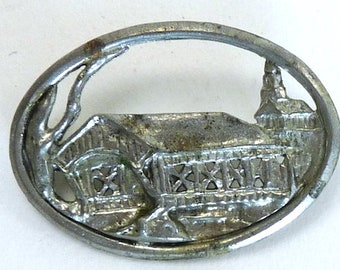 Vintage pewter brooch pin covered bridge church 50s hand crafted studio landscape