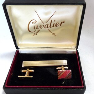 Vintage Cavalier tie clip cuff link set case mid century geometric gold tone gift wedding retro
