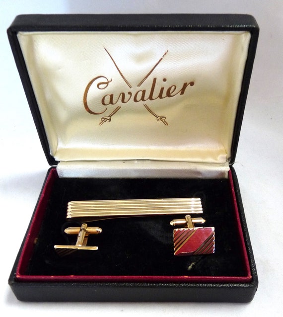 Vintage Cavalier tie clip cuff link set case mid … - image 1