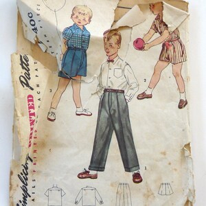 Simplicity 4166 vintage sewing pattern boys size 4 playsuit shirt pants 1950s