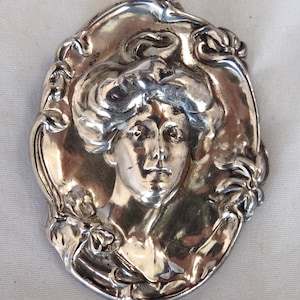 Vintage Art Nouveau style brooch lady Gibson Girl aluminum pin