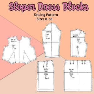 Pode incluir: Um padrão de costura para um vestido, com peças separadas para o corpete da frente e de trás, mangas e saia. O padrão inclui os tamanhos 0-38. As peças do padrão são etiquetadas com o nome da peça e o tamanho.